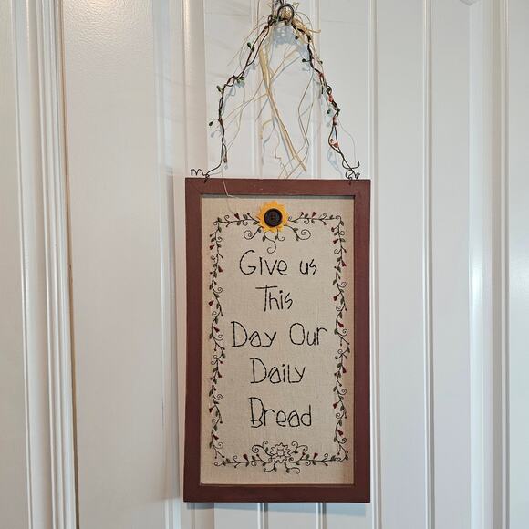 Vtg Needlepoint Prayer Picture Give Us This Day Our Daily Bread Rustic Religious - Picture 1 of 10
